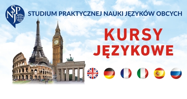 Banner reklamujący kursy językowe Studium Praktycznej Nauki Języków Obcych